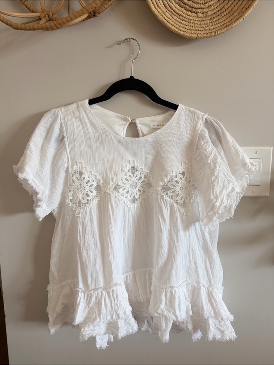 Altar'd State Tops - Altar'd State Cotton White Crochet-Front Ruffle Sleeve Blouse